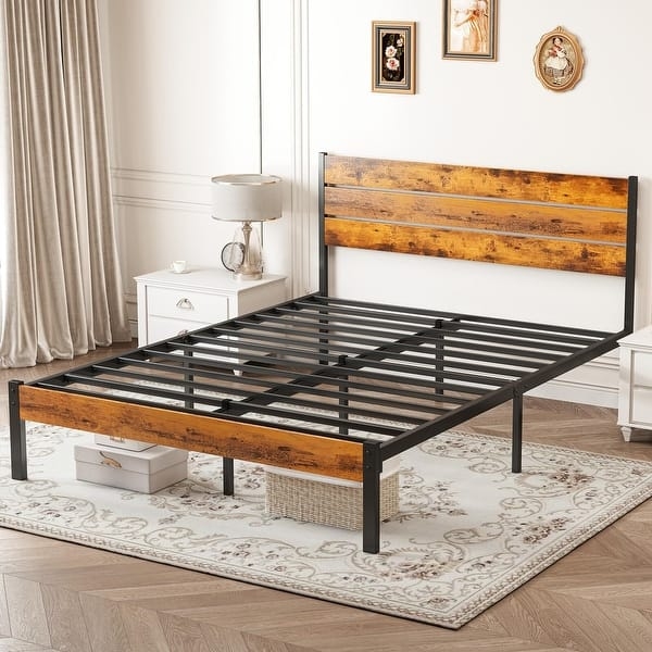 Platform Bed with Metal Slats, Wood Headboard & Modern Industrial Style