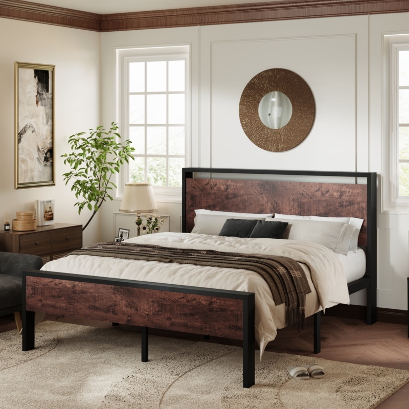 Platform Bed With Mixed Material Frame And Mahogany Wood Headboard