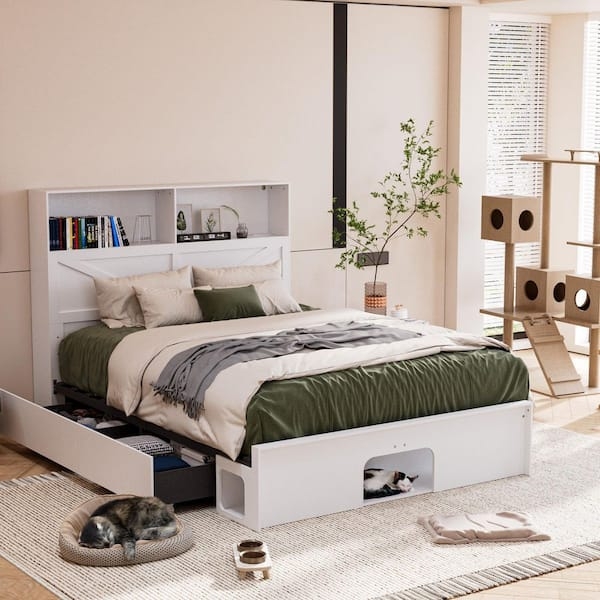 Platform Bed with Pet Tunnel, Integrated Shelving & Drawers, White