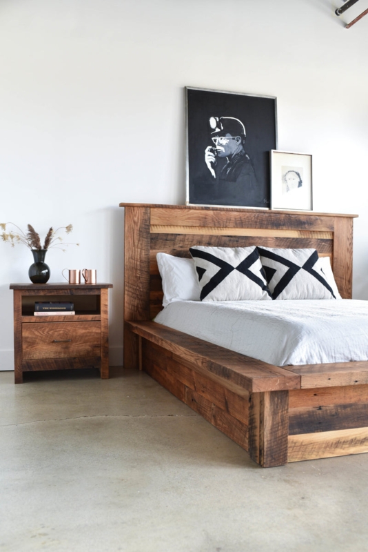 Platform Bed with Plank Style Headboard and Industrial Metal Legs