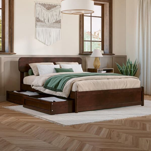 Platform Bed with Pull Out Trundle & Walnut Finish Mission Style Design