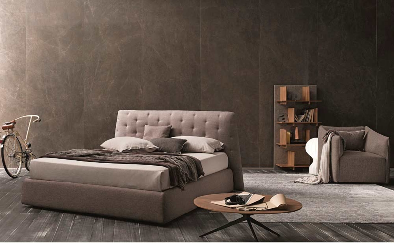 Platform Bed with Segmented Headboard in Taupe Gray Fabric