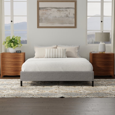 Platform Bed with Slats, Upholstered Metal Hybrid, Modern Grey Design