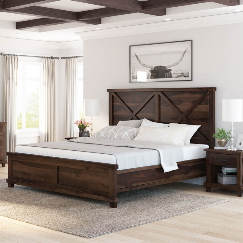 Platform Bed with Solid Wood Panel Headboard and Block Feet