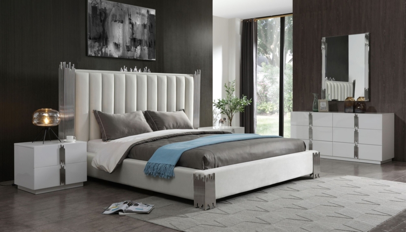 Platform Bed with Stainless Steel Inlays and White Leather Look