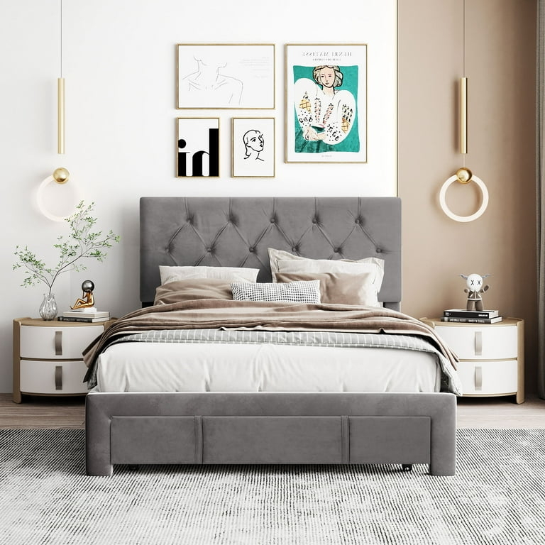 Platform Bed with Storage Drawers and Diamond Tufted Headboard