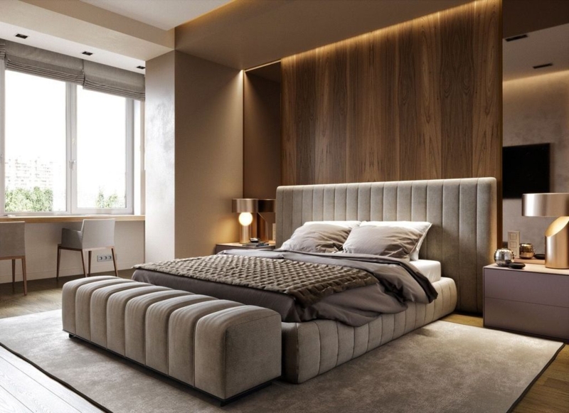 Platform Bed with Tall Headboard and Low Profile Neutral Upholstery