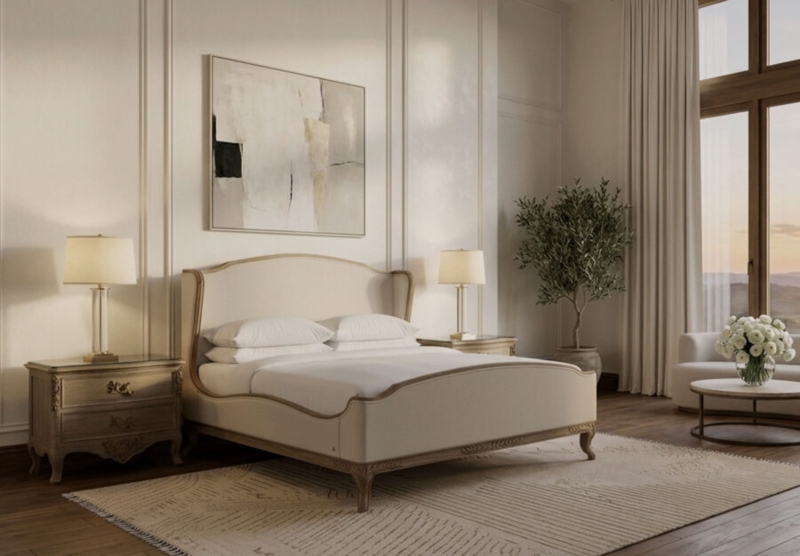 Platform Bed with Vertical Channel Tufting and Curved Base in White