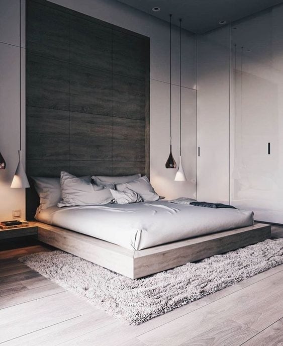 Platform Bed with Wide Perimeter Frame and Tall Grey Tufted Headboard