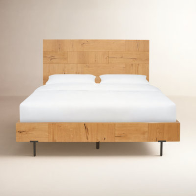 Platform Bed Woven Cane Headboard Mid-Century Modern Light Wood
