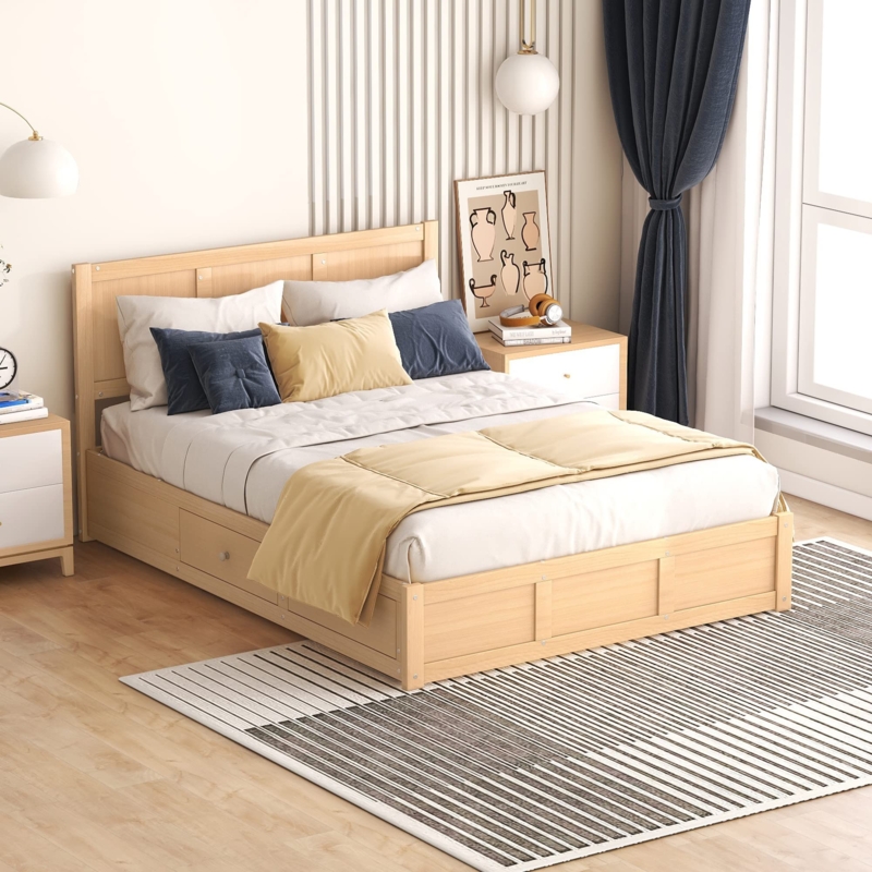 Platform Storage Bed Integrated Drawers Blonde Wood Slatted Headboard