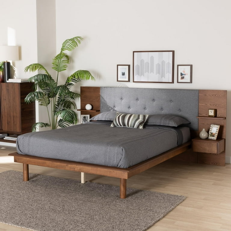 Platform Storage Bed Integrated Nightstands Walnut Finish