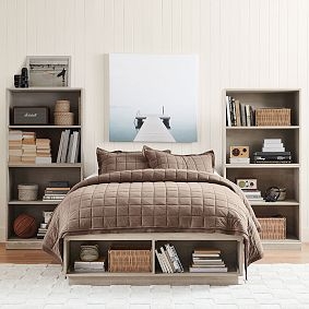 Platform Storage Bed with Bookcase Tower Set and Cubbies, White