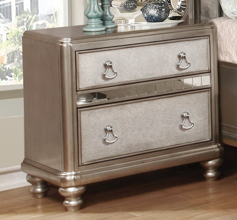 Platinum Silver Nightstand with Mirrored Trim and Bracket Feet