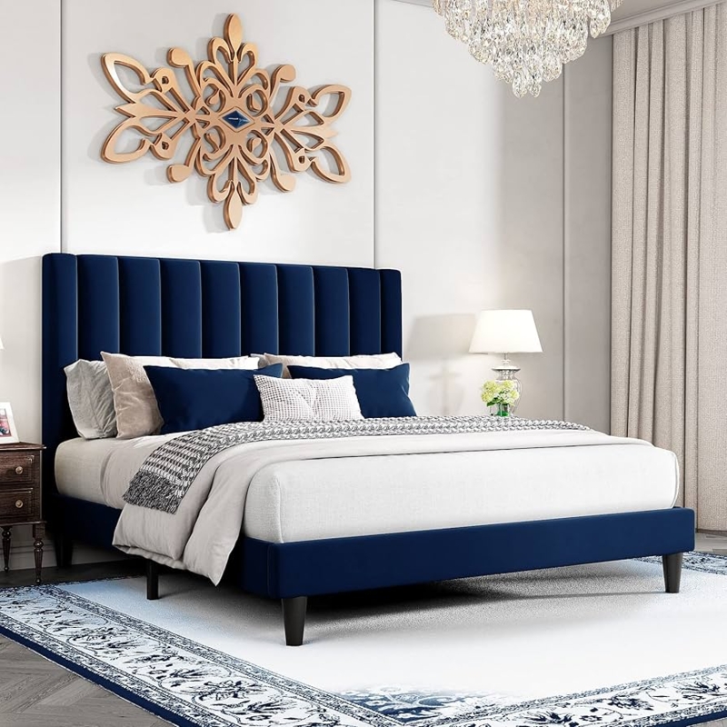 Plush Navy Velvet Platform Bed with Vertical Channel Tufting
