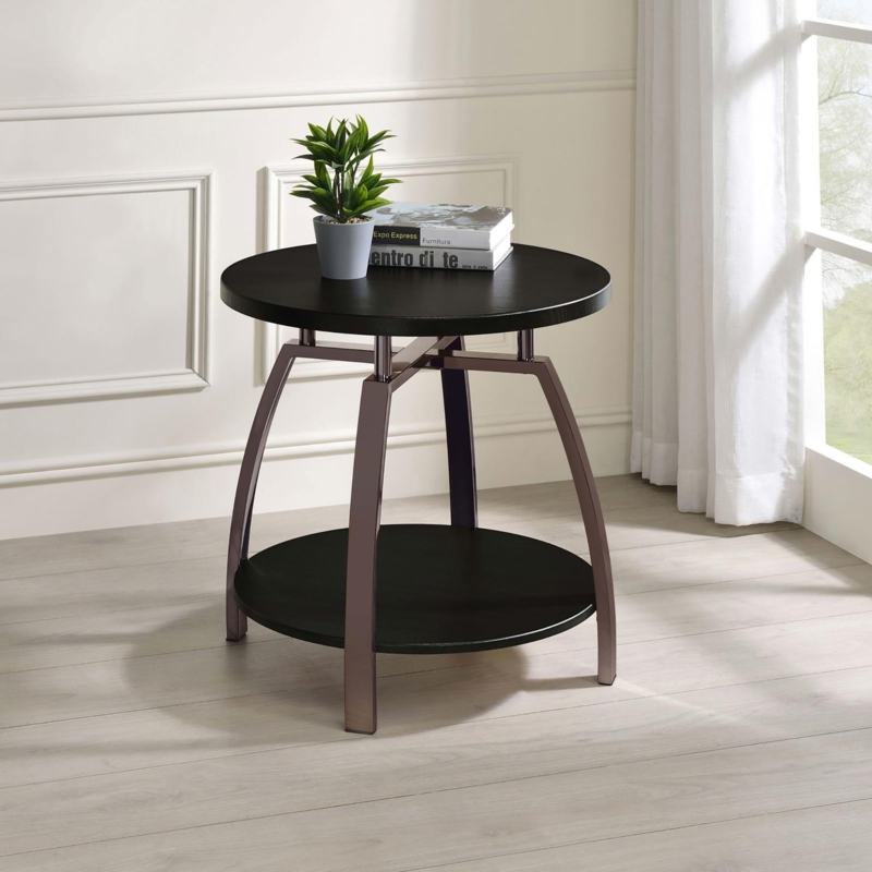 Polished Black Nickel End Table with Dark Grey Wood Toned Shelves