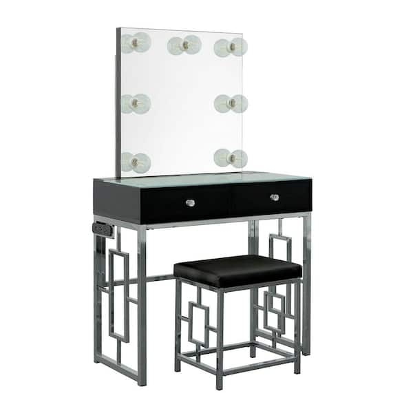 Polished Chrome Vanity Set with Lighted Mirror and Integrated Power Hub