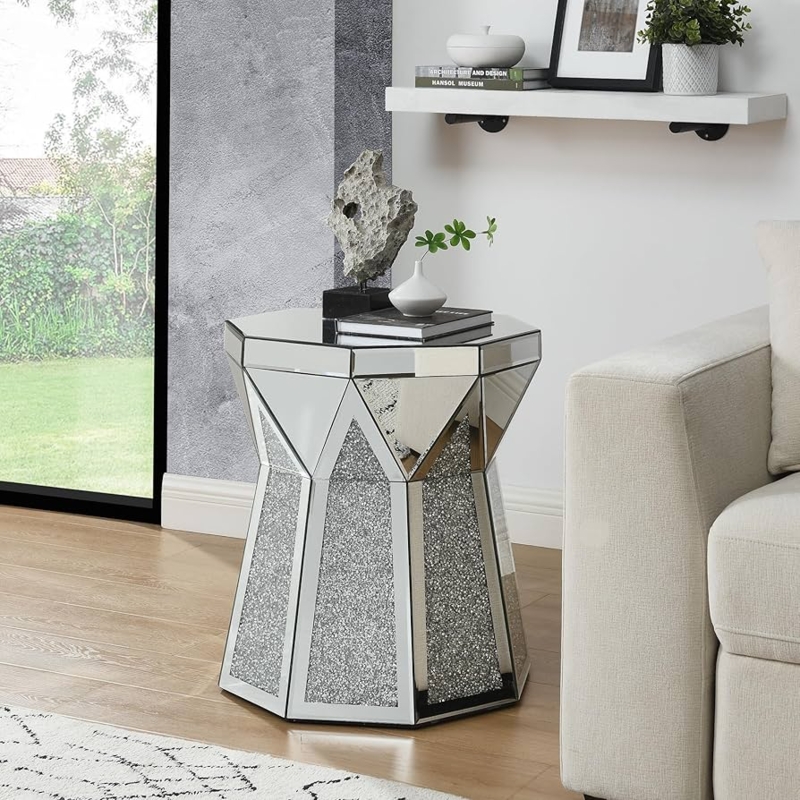 Polygonal Mirrored End Table Drum Silhouette Crystal Accent