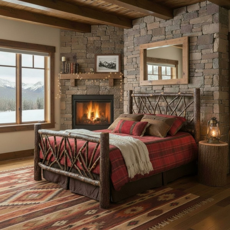 Poster Bed Rustic Hickory Logs Free Form Headboard Bark Texture