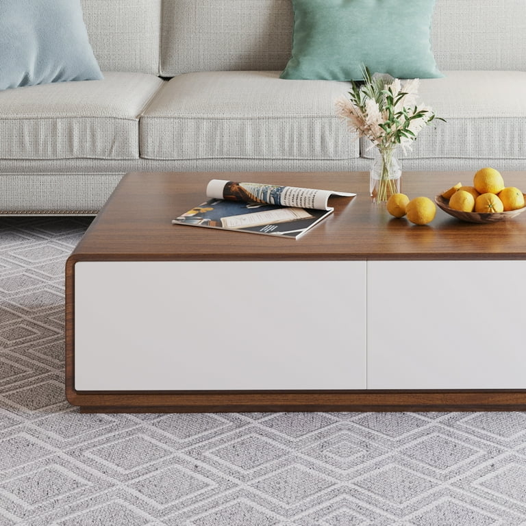 POVISON Modern Rectangular Coffee Table, Wood Coffee Table with Storage, 4  Solid Wood Drawers, Fully-Assembled, 51", Walnut White -