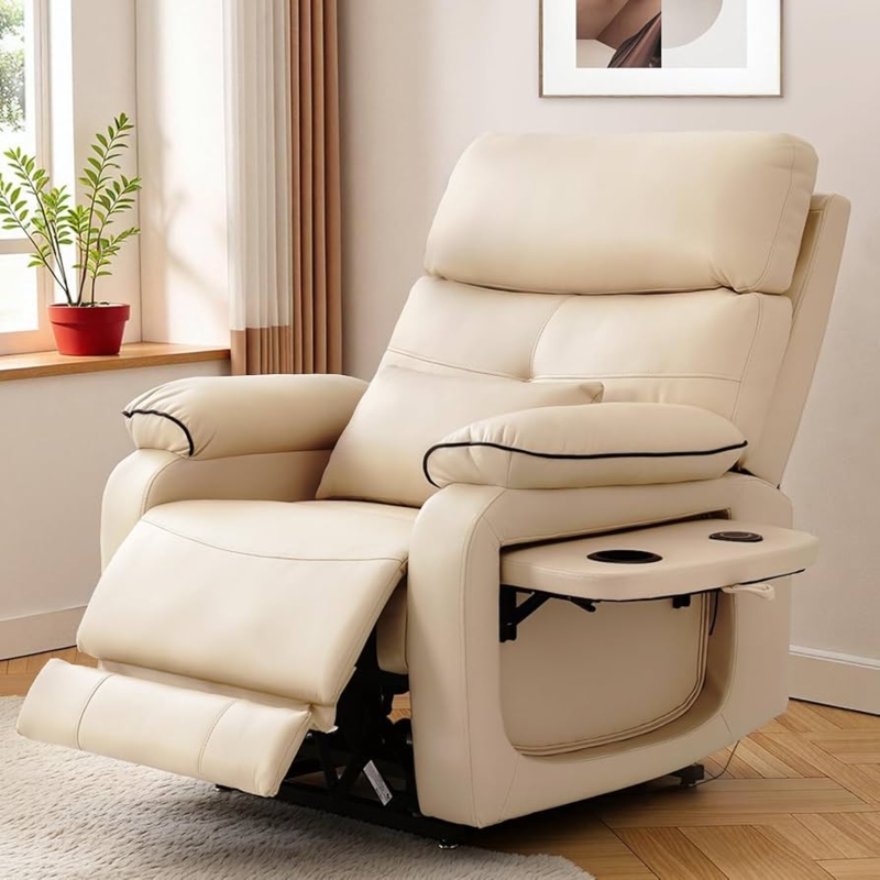 Power Lift Recliner Beige Leather-Like with Integrated Cup Holders