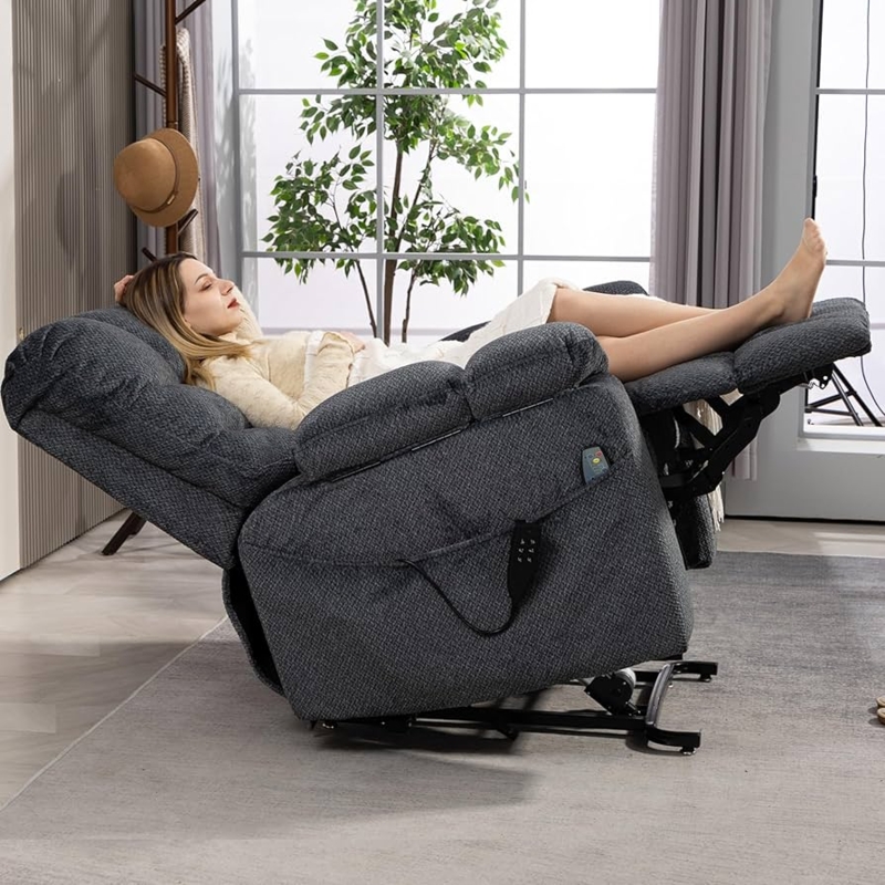 Power Lift Recliner Grey Fabric Cup Holders Wired Remote