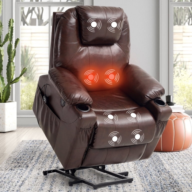 Power Lift Recliner Integrated Cup Holders Dark Brown Leather Like