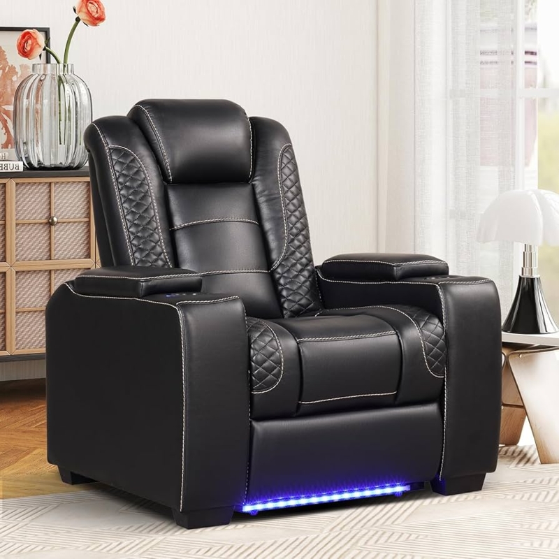 Power Recliner Black Leather Like LED Lighting Power Headrest