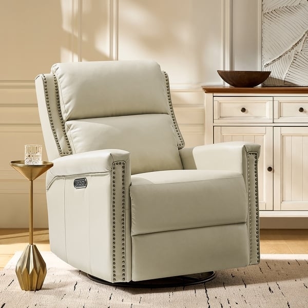 Power Recliner Brown Swivel Base with Nailhead Trim and USB Port