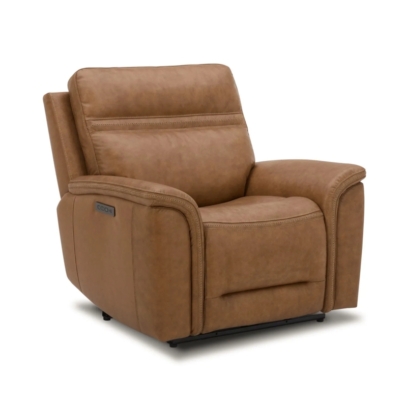 Power Recliner Camel Leather-Like Pillow Top Arms Segmented Back