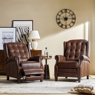 Power Recliner Set Cognac Waxed Leather-Like Nailhead Trim Traditional