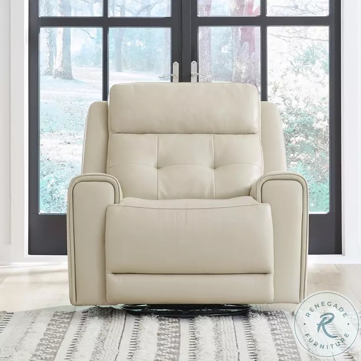 Power Recliner Stone Gray Leather-Like Swivel Base Sleek Modern