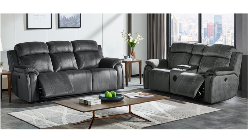 Power Reclining Living Room Set in Charcoal Gray Textured Fabric
