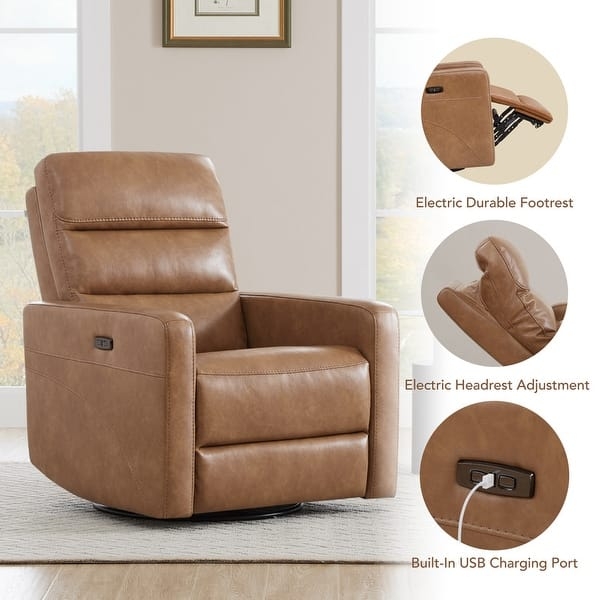Power Swivel Recliner, Navy Blue Leather-Like, USB Charging Port
