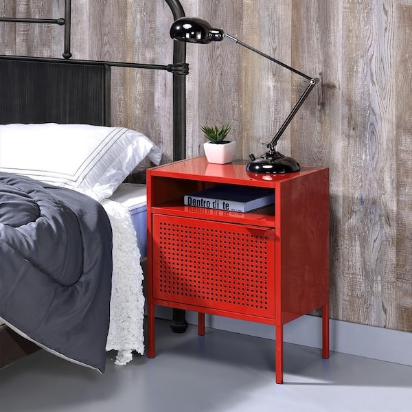 Primary Red Mid-Century Modern Nightstand with Tapered Legs & USB Port
