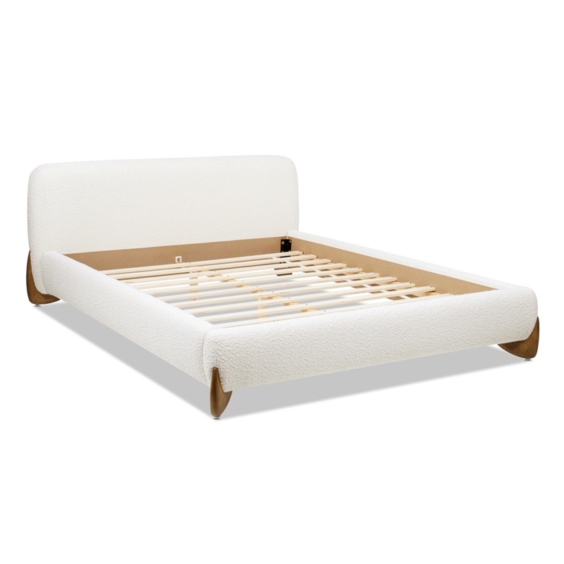 Puffy Boucle Platform Bed in White with Channeled Tufting Design
