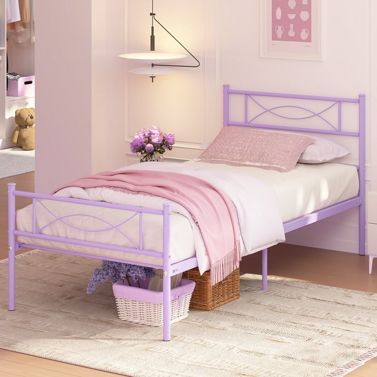 Purple Metal Twin Bed Frame with Whimsical Bowknot Motif Headboard.
