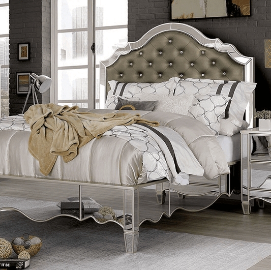 Queen Bed Silver Mirrored Trim Wingback Tufted Headboard Style