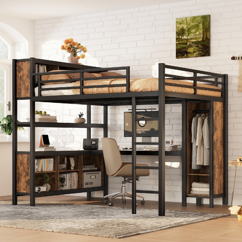 Queen Loft Bed with Integrated Wardrobe and L-Shaped Desk, Black Metal