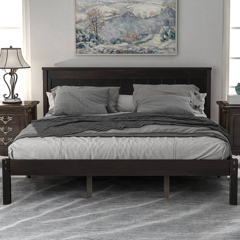 Queen Platform Bed with Minimalist Vertical Slat Headboard