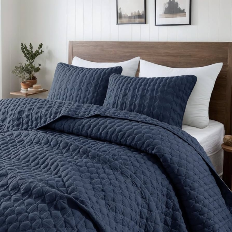 Quilt Set Navy Diamond Pattern Minimalist Bedding
