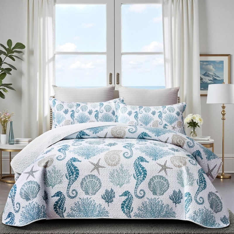 Quilt Set Seahorse Pattern Navy and White Beachy Bedroom Decor