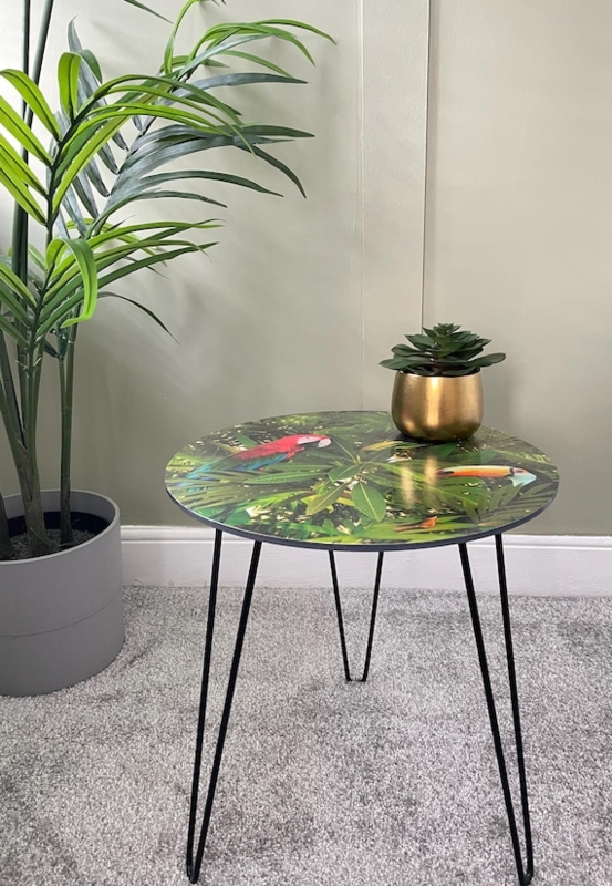 Quirky Side Table with Hand-Painted Vibrant Parrot Sculpture Base