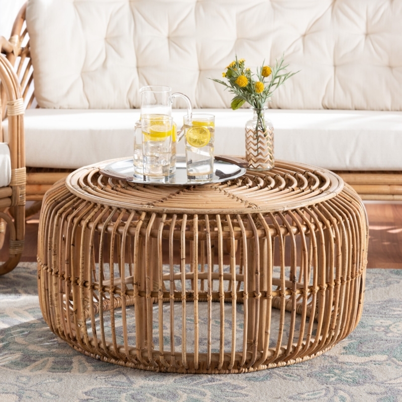 Rattan Coffee Table Hourglass Woven Base Natural Bohemian Style