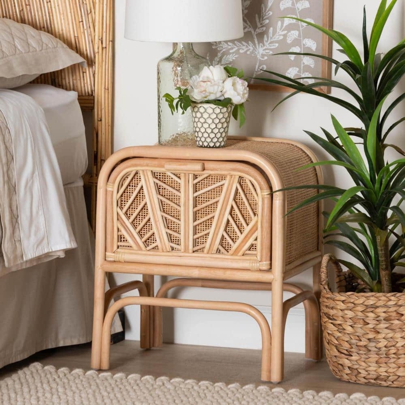 Rattan Drawer Nightstand Open Cubby Storage Natural Wood Boho Style