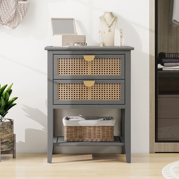Rattan Drawer Nightstand with Gold Knobs Open Bottom Shelf Decor