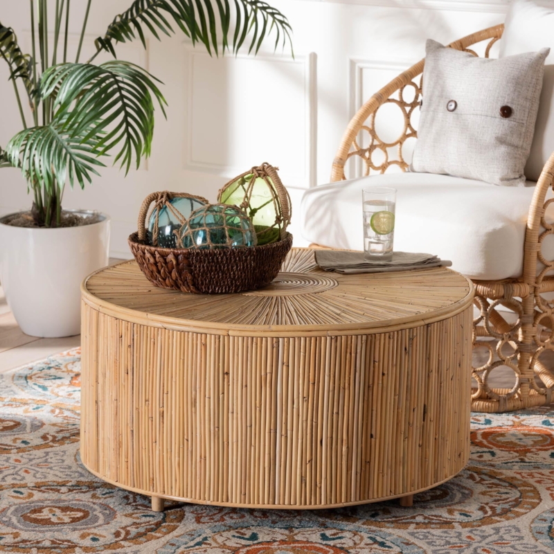 Rattan Drum Coffee Table with Vertical Ribs in Light Honey Tone