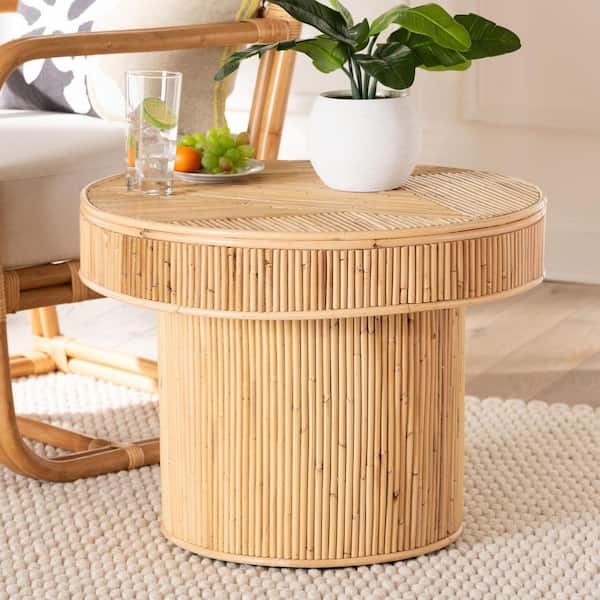 Rattan Drum End Table Recessed Top Light Honey Woven Wicker Accent
