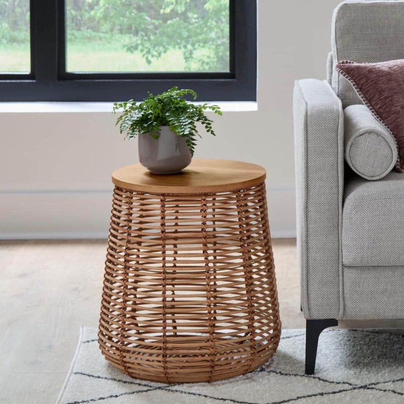 Rattan Drum Side Table With Removable Top Storage Small Space Solution