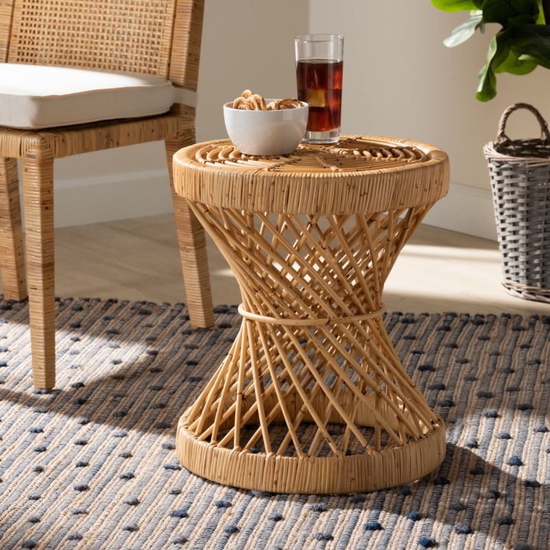 Rattan End Table Drum Silhouette Open Weave Natural Boho Accent